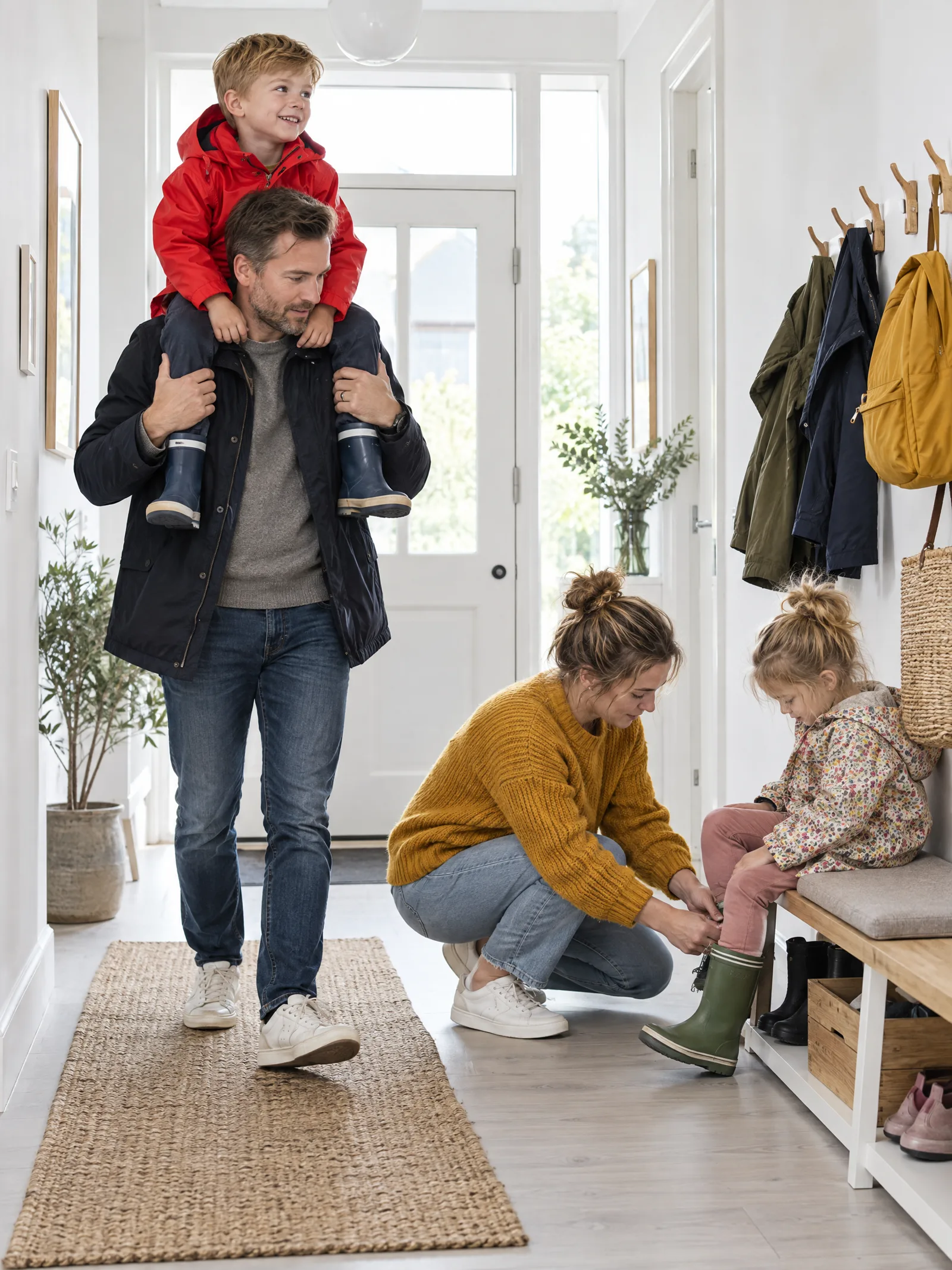 En familie i entréen gør sig klar til at gå ud